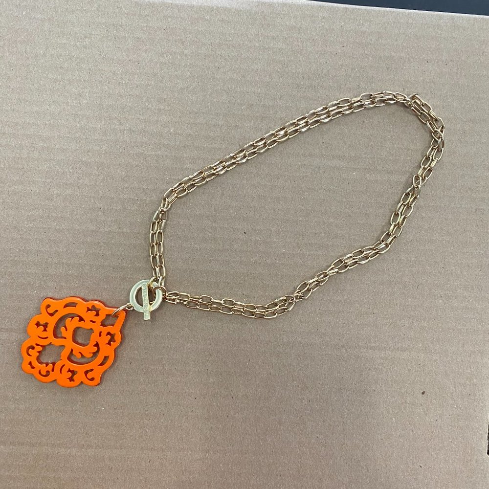 Almost New Zenzii Bright Orange Deco Pendant 2-in-1 Necklace with Toggle